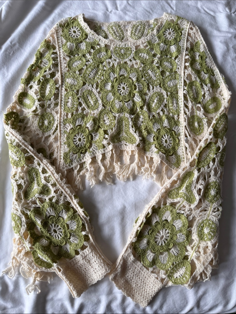 Crochet Floral Fringe Sweater Top — Cream & Olive Green
